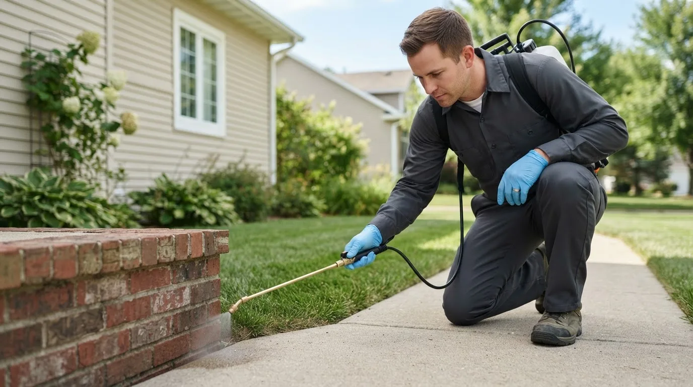 Pest control technician treating a home near Barnes City, IA