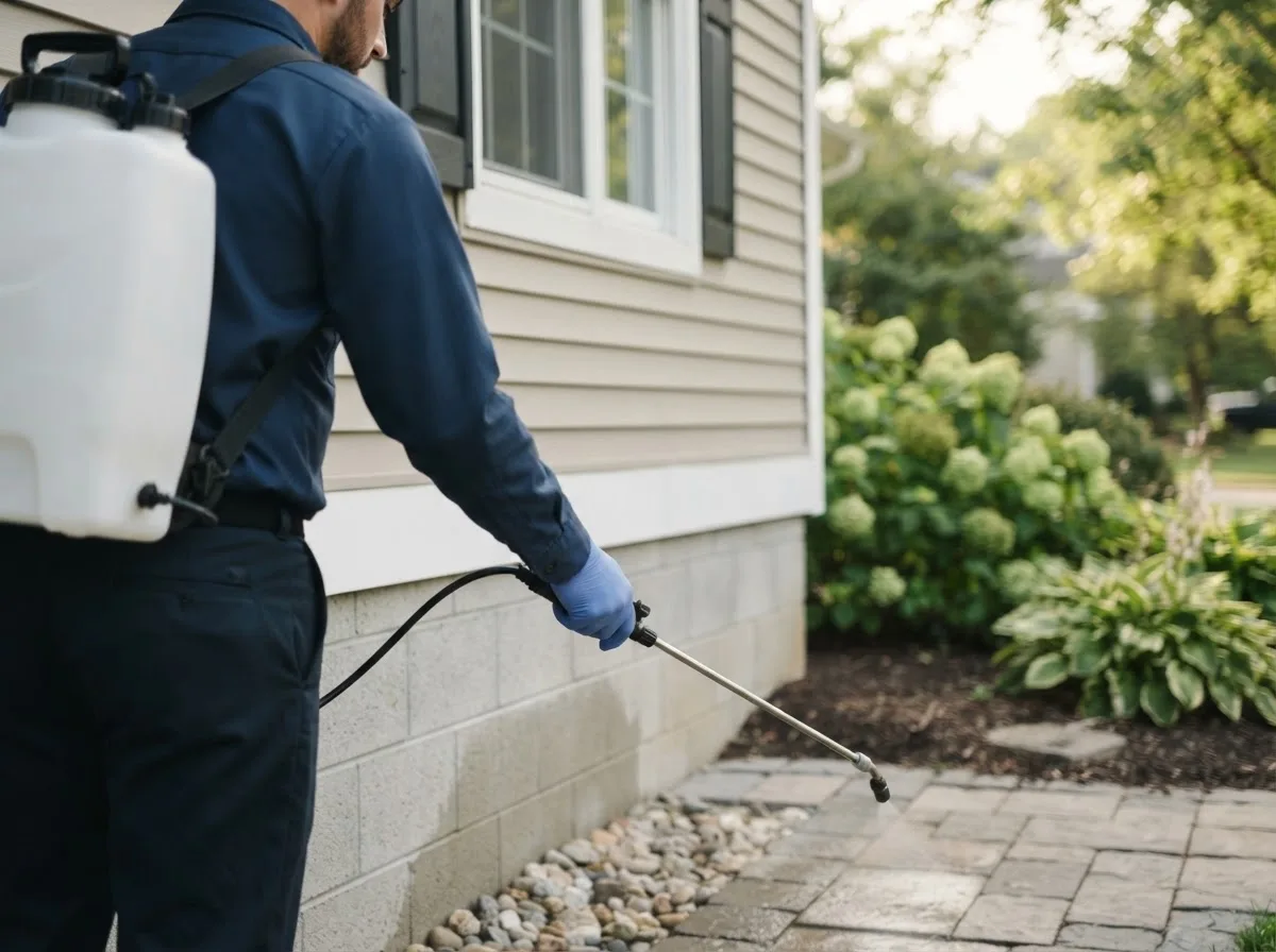 Pest control technician inspecting a home in Barnes City, IA